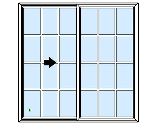 Technical diagram of a sliding window/door unit showing panel configuration with a directional arrow indicator and label "E".