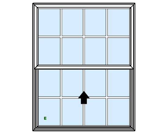 Technical diagram of a double-hung window with grid pattern and directional arrow indicating operation.